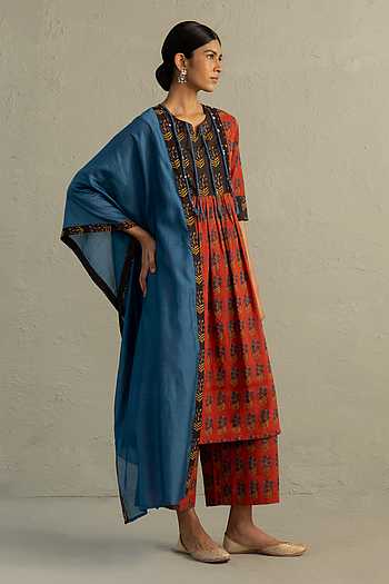 Red Phool Hand Block Print Kurta Set