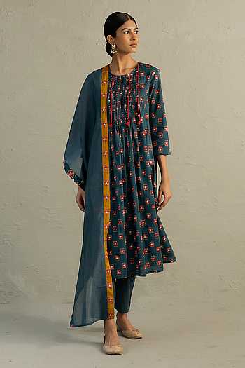 Teal Phool Print Pintuck Kurta Set
