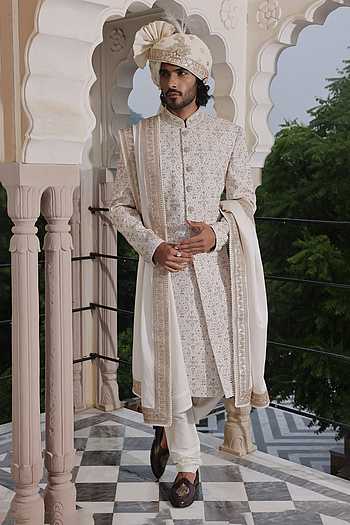 Hand Embroidered Jacquard Silk Sherwani Set