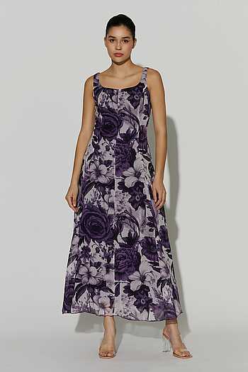 Purple Floral Print Georgette Dress