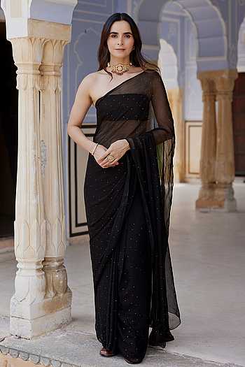 Mukaish Embroidered Pre-Draped Saree With Blouse