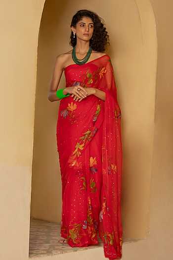 Handpainted Pre-Draped Chiffon Saree With Blouse
