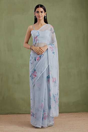 Handpainted Floral Pre-Draped Saree With Blouse