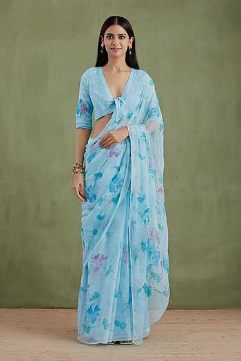 Floral Handpainted Pre-Draped Saree With Blouse