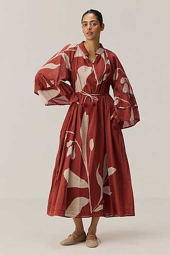 strapless open back dress Kiku Floral Embroidered Lace Shirt Dress S / Red main image 1
