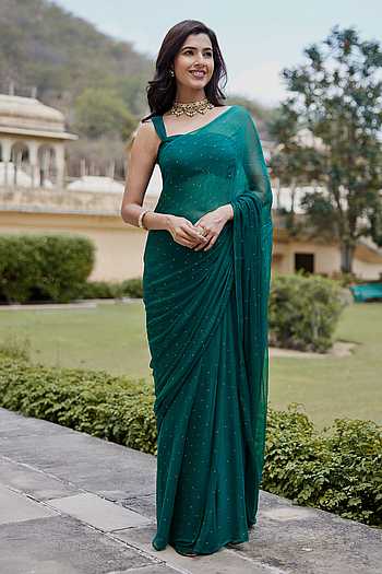 Mukaish Embroidered Pre-Draped Saree With Blouse