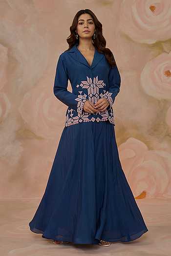 Hand Embroidered Cotton Silk Jacket & Skirt Set