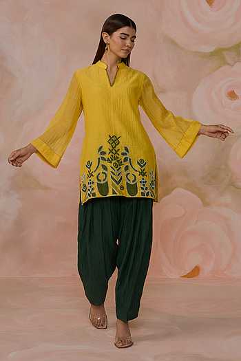 Hand Embroidered Chanderi Kurta & Dhoti Pant Set