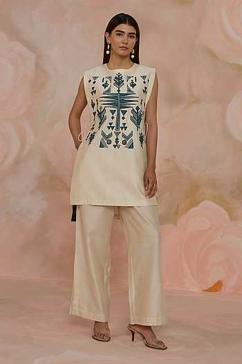 Hand Embroidered Straight Chanderi Kurta & Pant Set