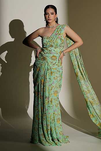 Sienna Floral Print Pre-Draped Saree Set