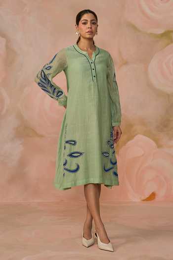 Buy Green Chanderi Split V-neck Hand Embroidered Dress For Women by Kahani  Lush Online at Aza Fashions.