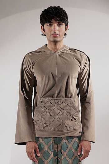 Suede Panel Woven Pocket Detail Hoodie