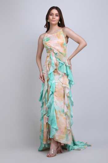 Buy Green Satin, Chiffon Asymmetric Soft Marble Ruffle Cascade Dress For  Women by Mandira Wirk Online at Aza Fashions