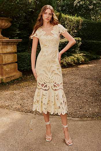 Buy Yellow Linen Round Neck Guinevere Embroidered Midi Dress For Women by  House Of Eda Online at Aza Fashions.
