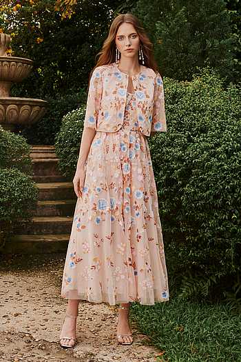 Aviette Embroidered Midi Dress With Cape
