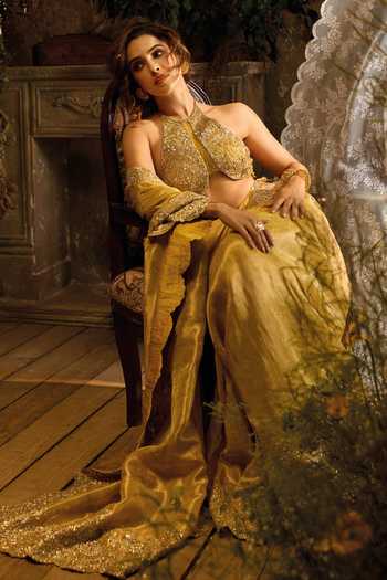 Shop Gold designer Tissue Gowns for Women Online | Aza Fashions