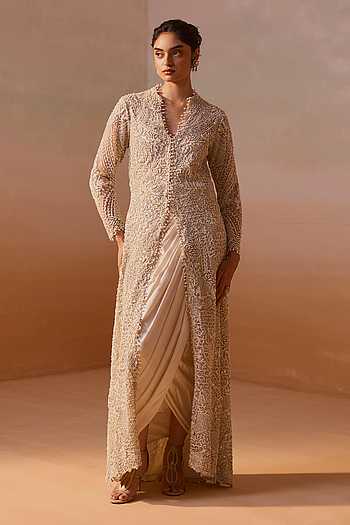 Embroidered Long Jacket & Draped Skirt Set