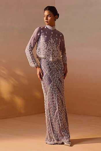 Embellished Slit Skirt Set With Cape