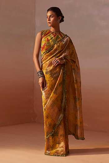 Floral Print Tissue Organza Saree With Blouse
