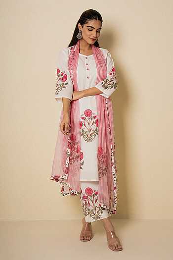 Rosette Cotton Floral Block Print Kurta Set