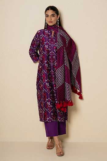 Plum Chanderi Floral Print Kurta Set