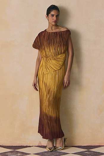 Marigold Plisse Armani Satin Top & Skirt Set