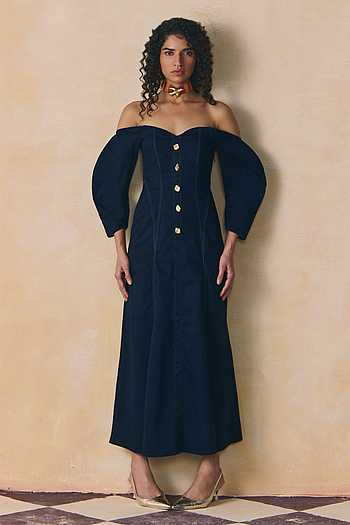Eve Elasticated Denim Off-Shoulder Maxi Dress