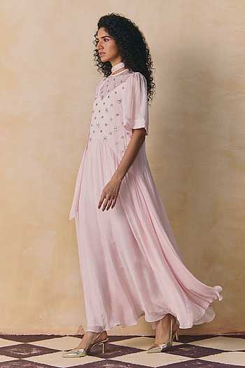 Buy Pink Silk, Shantoon Crew Neck Blush Tabby Maxi Dress For Women