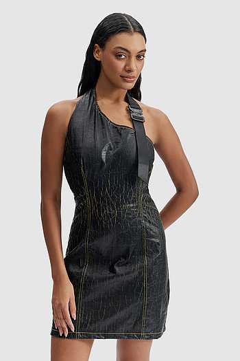 Cracked Leather One Shoulder Mini Dress