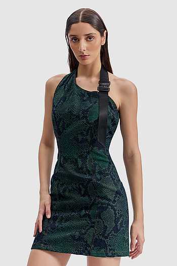 Serpent Denim One Shoulder Mini Dress
