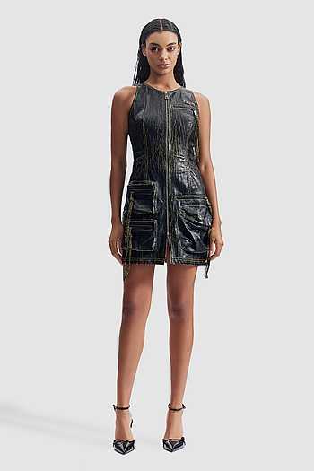 leather utility dress Chocolate Brown Eco Leather Zip-Front Mini Dress With Utility Pockets