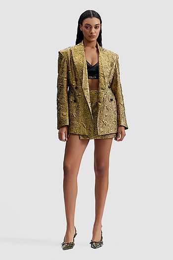 Antique Gold Polyester Blazer & Skirt Set