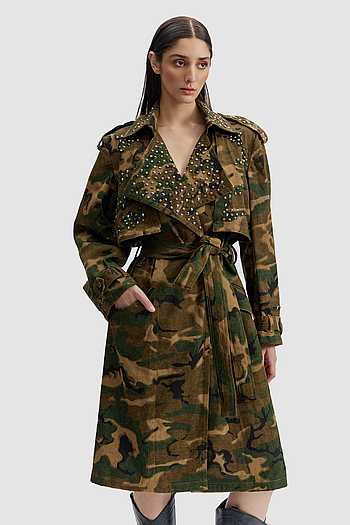 Studded Camo Cotton Trench Jacket