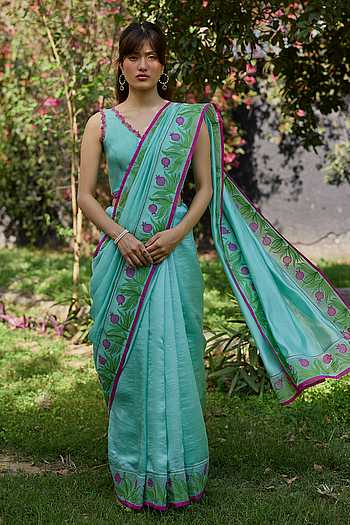 Pomegranate Trail Blue Embroidered Saree
