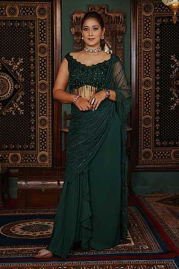 Pre-Draped Saree & Embroidered Blouse Set