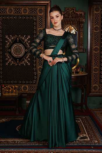 Plain Pre-Draped Saree & Blouse Set
