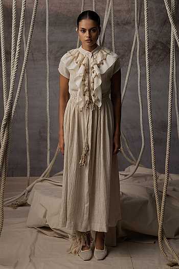 Ivory Flounce Crushed Drawstring Dress