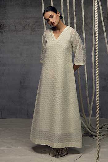 Ivory Checkered Pattern Dress