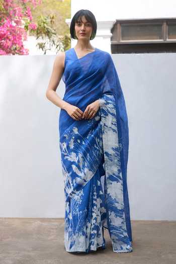 Linen Pre-Draped Saree With Unstitched Blouse Piece