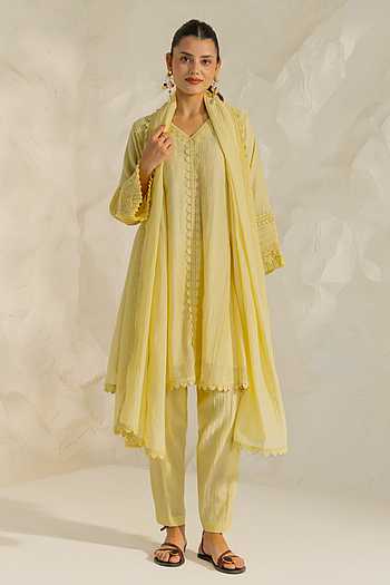 Cotton Silk Chanderi A-Line Kurta with Pant and Dupatta Set