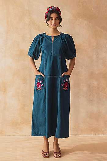 Teora Teal Cotton Midi Dress