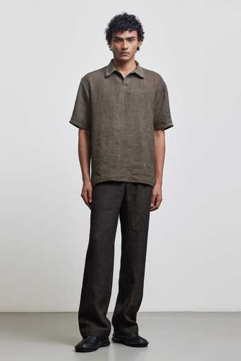 Buy Brown Linen Stone Crochet Polo Shirt For Men by Countrymade