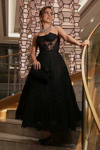 Strapless Corseted Guipure Lace Dress