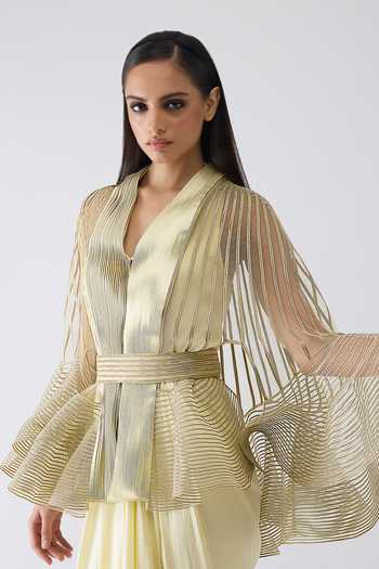 Buy Yellow Chiffon, Tulle Shawl Neck, Metallic Corded Ruffle Cape And Dress  Set For Women by Amit Aggarwal Online at Aza Fashions.