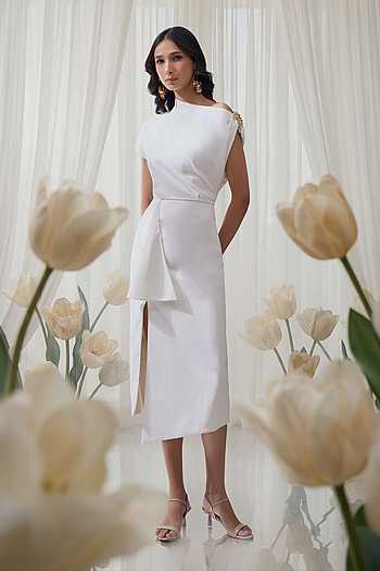 One-Shoulder Placed Brooch Draped Midi Dress 