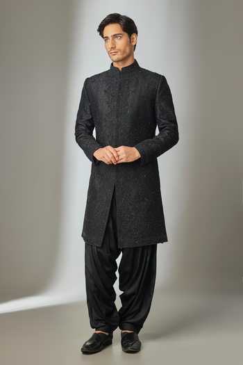 Raw Silk Hand Embroidered Sherwani Set