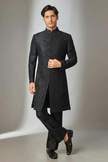 Raw Silk Hand Embroidered Sherwani Set