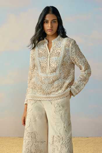 Buy Ivory Cotton Mandarin Collar Ribbon And Cord Embroidered Top