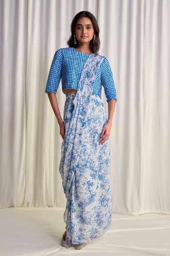 Pre-Draped Saree & Madras Check Print Top