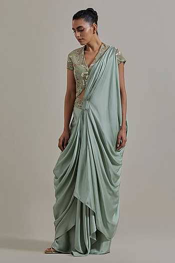 Pre-Draped Satin Saree & Blouse Set